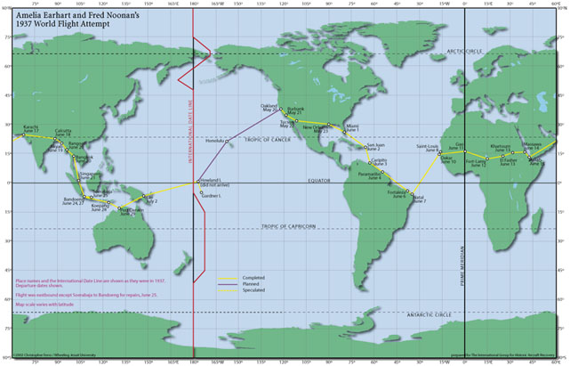 map of Amelia Earhart's world flight attempt