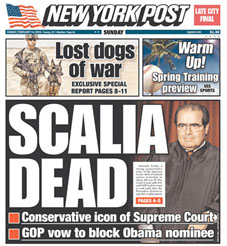 Newspaper report of Antonin Scalia death
