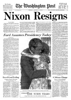 newspaper report of Nixon resigning