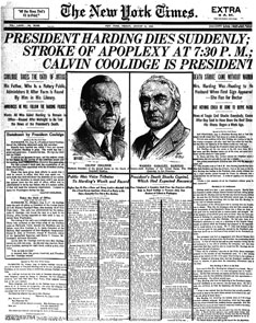 President Harding death reported in the newspaper