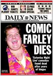 Report of Chris Farley's death on cover of New York Daily News