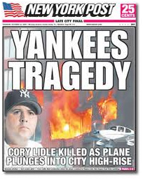 New York Post front page reporting Cory Lidle's death