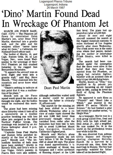 newspaper report of Dean Paul Martin plane crash