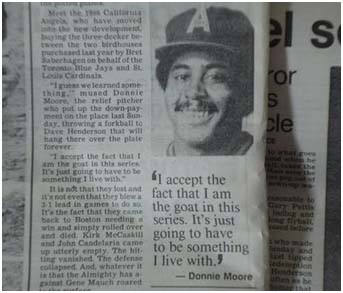 newspaper article quoting Donnie Moore about the game winning home run he gave up