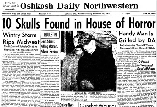 newspaper report of human remains found on  ed gein's property