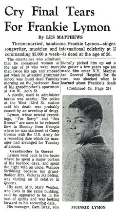 newspaper report of Frankie Lymon's death