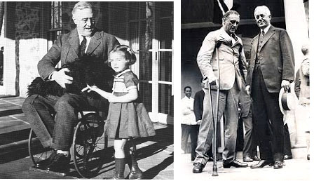 Franklin D. Roosevelt in a wheel chair and crutches