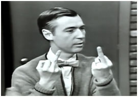 Fred Rogers performing a kids song with middle fingers
