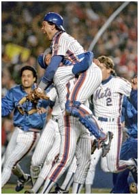 Gary Carter celebrating the 1986 World Series clincher