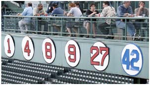 Number 42 retired up on the wall at Fenway Park