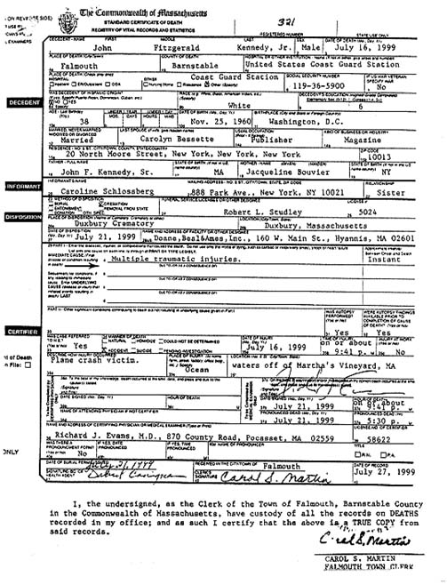 John F. Kennedy, Jr Death certificate