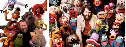 Jim Henson surrounded by all the puppets he created