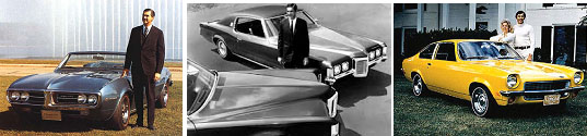 John DeLorean with the first Pontiac Firebird, Pontiac Grand prix and first Chevrolet Vega