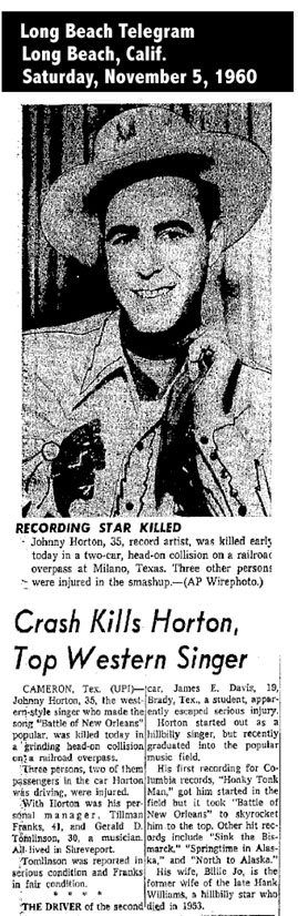 Johnny Horton newspaper report of death