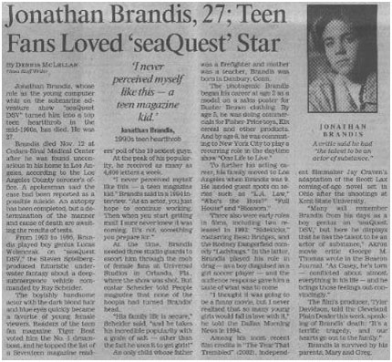 Jonathan Brandis newspaper report of his death