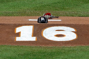 Number 16 painted on pitching mound