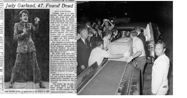 Judy Garland newspaper report of death and her casket being put into a hurst