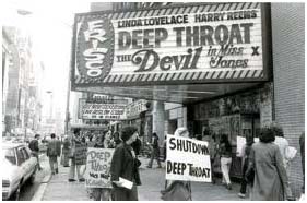 people protesting Deep Throat in front of a movie theater