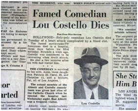 newspaper report of Lou Costello's death