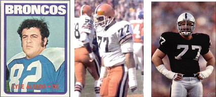 Lyle Alzado in broncos, browns and raider uniforms