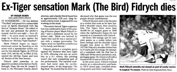 newspaper clipping reporting Mark Fidrych' death