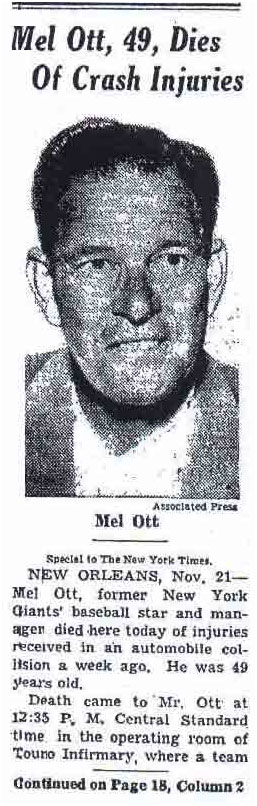 Mel Ott death reported in the newspaper