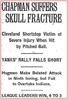 Newspaper report of Ray Chapman's skull fracture