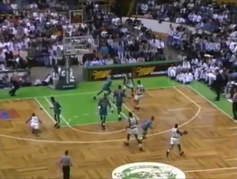 Reggie Lewis on floor during a playoff game