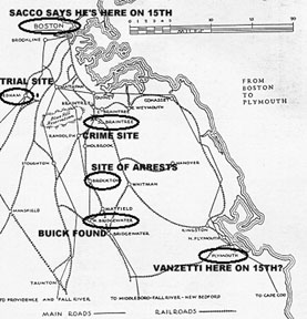 map of Sacco & Vanzetti murder/robbery