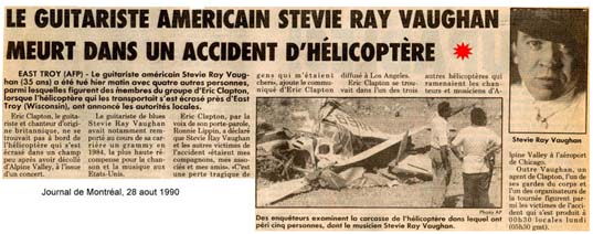 Stevie Ray Vaughan newspaper report of his death