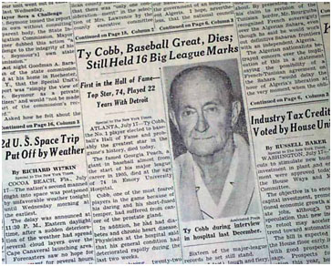 report of Ty Cobb's death in a newspaper