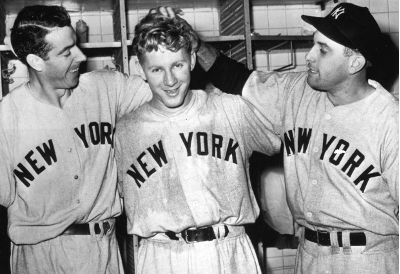 Whitey Ford with Joe DiMaggio and Gene Woodling