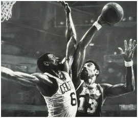 Wilt Chamberlain playing against Bill Russell of the Boston Celtics