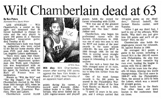 newspaper report of Wilt Chamberlain's death